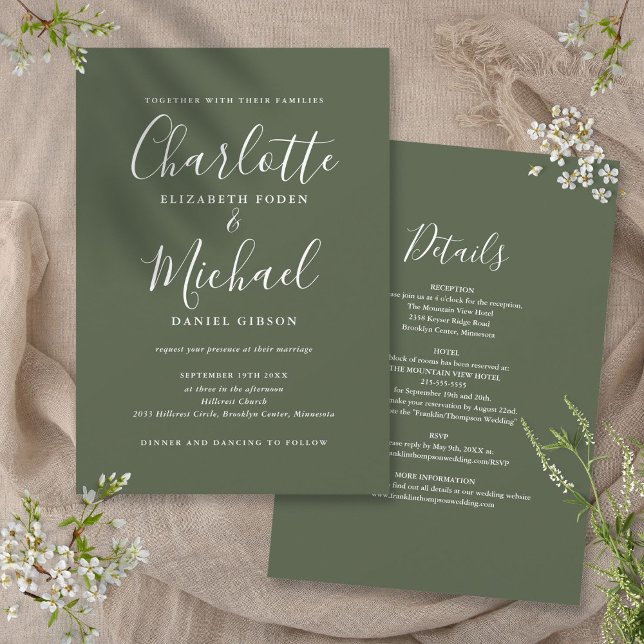 Convite Tudo Em Um Simples Elegante Roteiro Oliva Casament (All In One Simple Elegant Script Olive Wedding Invitation)