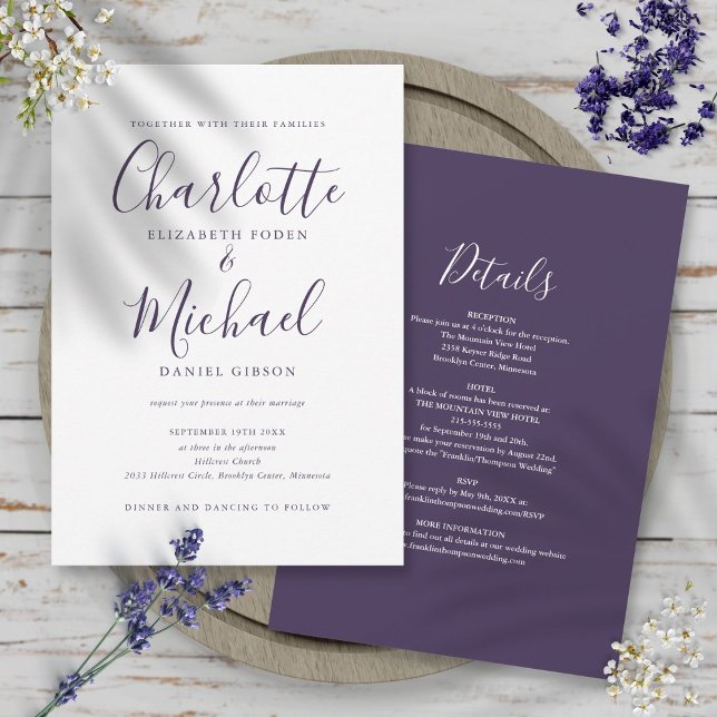 Convite Tudo Em Um Simples Elegante Roteiro Roxo Casamento (All In One Simple Elegant Purple Script Wedding Invitation)
