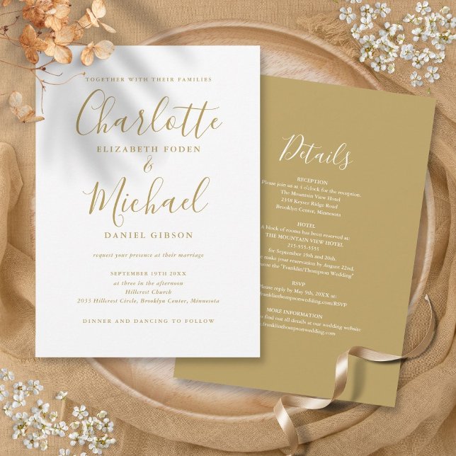 Convite Tudo Em Um Simples Elegante Script Dourado Casamen (All In One Simple Elegant Gold Script Wedding Invitation)