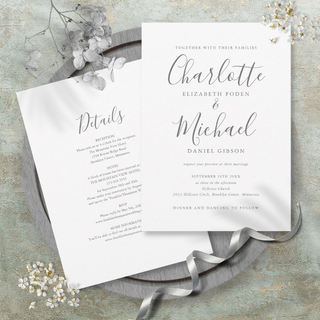 Convite Tudo Em Um Simples Script Elegante Casamento  (All In One Simple Elegant Script Wedding Invitation)