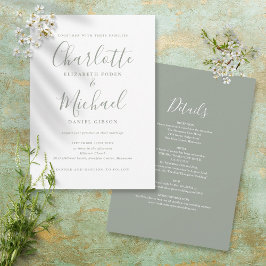 Convite Tudo Em Um Simples Script Verde Sage Casamento