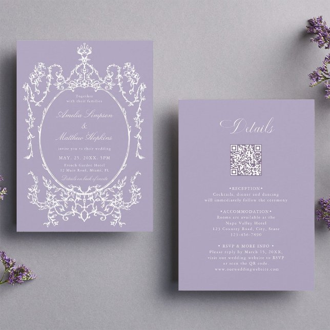 Convite Tudo em uma moldura roxa para casamento            (Front & Back)