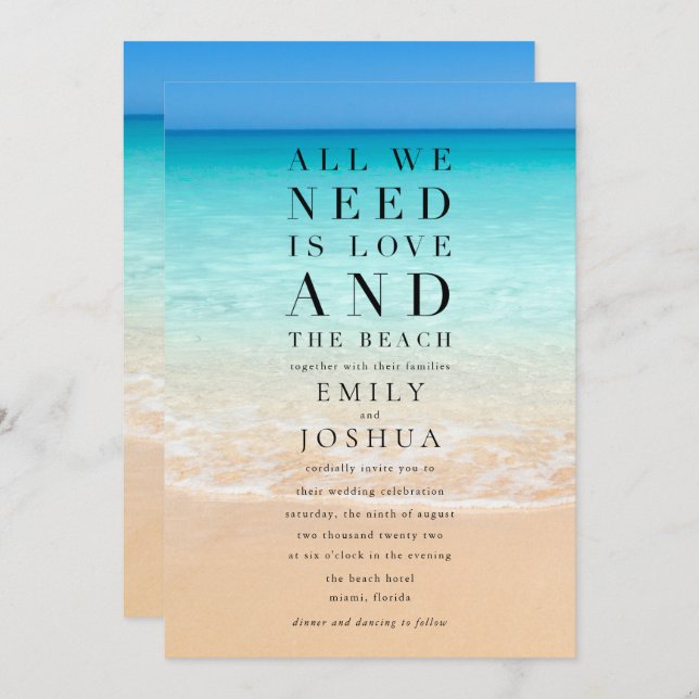 Convite Tudo que precisamos é amor e o casamento da praia (Frente/Verso)