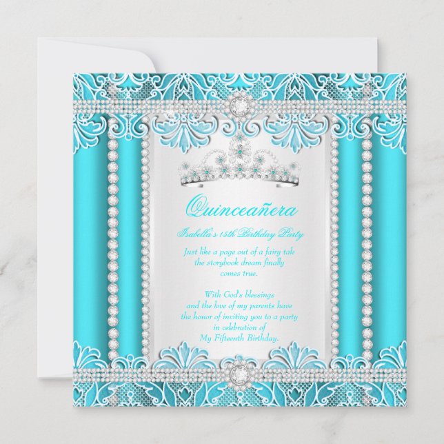 Convite Tule Azul Renda Princesa Quinceanera Diamante (Frente)