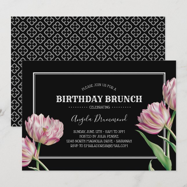 Convite Tulip Flower Birthday Brunch Black (Frente/Verso)