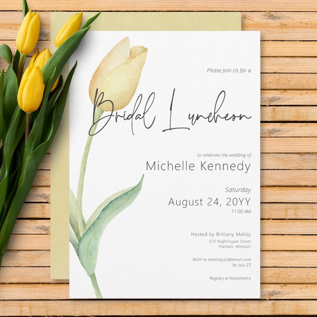 Convite Tulipa Amarela Moderna Lungueira Solo (Modern Yellow Tulip Solo Bridal Luncheon Invitation)