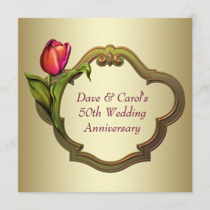 Convite Tulipa Dourada Vermelha Aniversário de 50 Anos de 