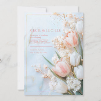 Convite Tulipa Rosa Bege Mármore Dourado Casamento de Prim