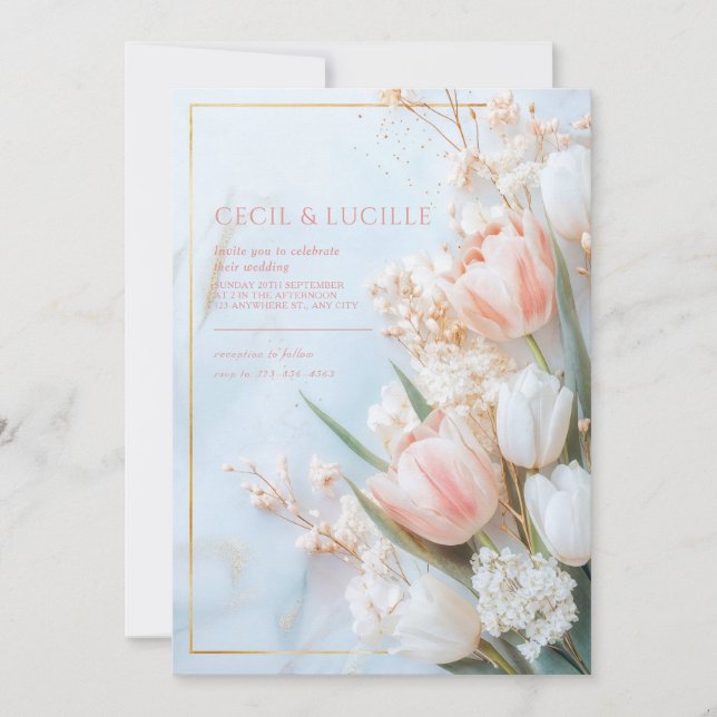 Convite Tulipa Rosa Bege Mármore Dourado Casamento de Prim (Frente)