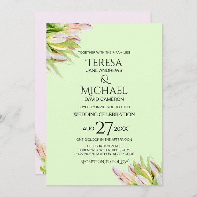 Convite Tulipa Rosa Cor-de-Rosa Rosa Mint (Frente/Verso)