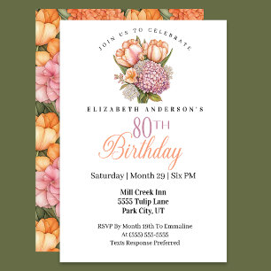 Convite Tulipa Rosa e Laranja Bonita Aniversário de 80 ano