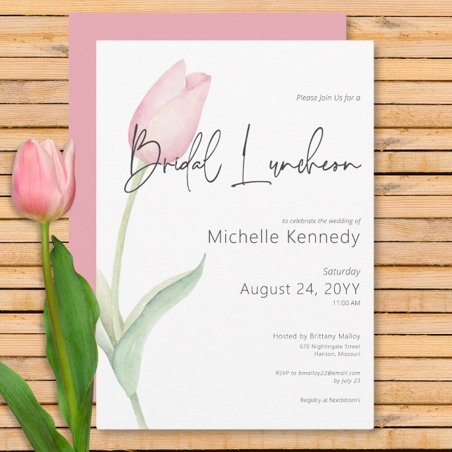 Convite Tulipa Rosa Moderna Almofada Solo (Modern Pink Tulip Solo Bridal Luncheon Invitation)