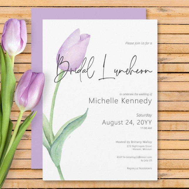 Convite Tulipa Roxa Moderna Almofada Solo (Modern Purple Tulip Solo Bridal Luncheon Invitation)