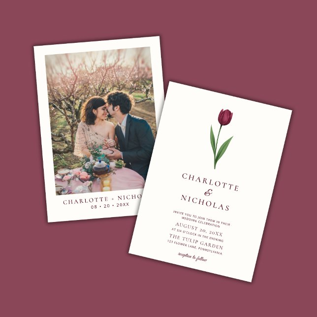 Convite Tulipa Simples Marfim Casamento Minimal Foto (Criador carregado)
