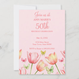 Convite Tulipas Aguarela Rosa Bege Festa de 50 Anos de Ida