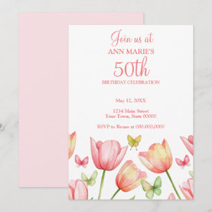 Convite Tulipas Aguarela Rosa Bege Festa de Aniversário de