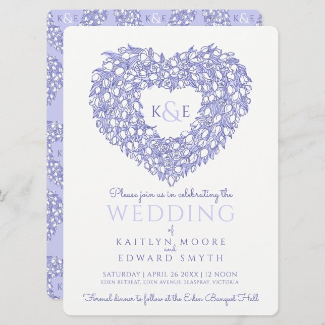 Convite tulipas brancas azuis desenhando casamento do cora (Frente/Verso)