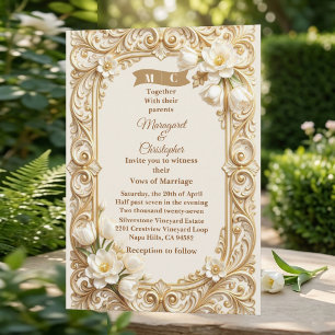 Convite Tulipas Brancas de Luxo Barroco Florais Dourados C