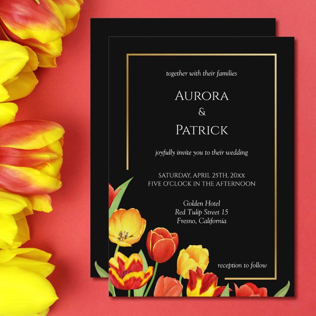 Convite Tulipas Brilhantes e Ousadas Flores de Primavera P (Bright & Bold Tulips Black Spring Floral Wedding Invitation)