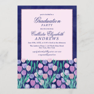 Convite Tulipas Cor-de-Rosa Azul Graduação Por Aquarela Fl