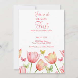 Convite Tulipas de Aquarela Rosa Cor-de-rosa 1º Festa de A