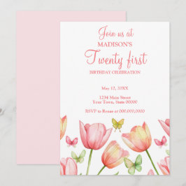 Convite Tulipas de Aquarela Rosa Enrubescida Aniversário d