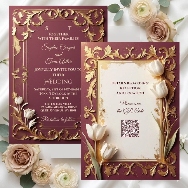 Convite Tulipas de Marfim Antigo Borgonha Barra de Ouro Ba (Antique Burgundy Ivory Tulips Gold Baroque Wedding Invitation)
