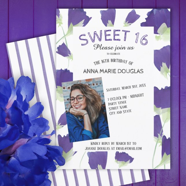 Convite Tulipas de Primavera púrpura Doce Floral 16 Convit (purple tulips floral summer spring springtime sweet 16 sixteen party invitations, flowers, stripes)