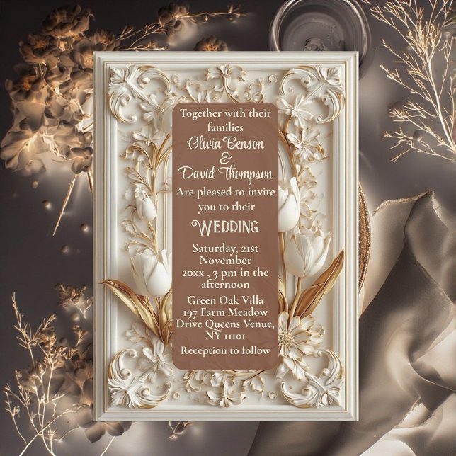 Convite Tulipas de Trabalho em Barra de Ouro Marfim Suave  (Vintage Soft Ivory Gold Baroque Scrollwork Tulips Invitation)