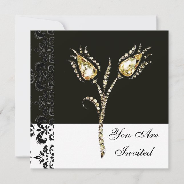 Convite TULIPAS DIAMANTE, Damasco Preto e Branco (Frente)