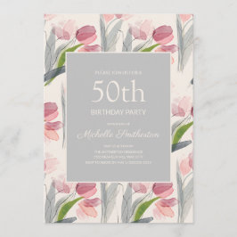 Convite Tulipas Flor de Aguarela Rosa Corada 50º Aniversár
