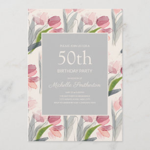 Convite Tulipas Flor de Aguarela Rosa Corada 50º Aniversár