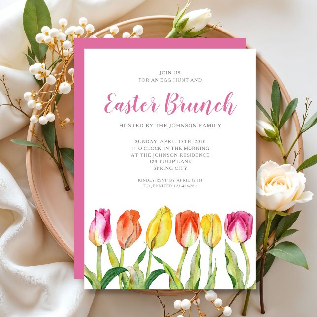 Convite Tulipas Florais de Aquarela Elegante Páscoa Brunch (Colorful Floral Watercolor Tulip Easter Brunch Invitation)