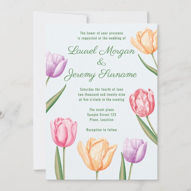 Convite Tulipas Flores Pastel Aquarela Casamento Primavera (Frente)