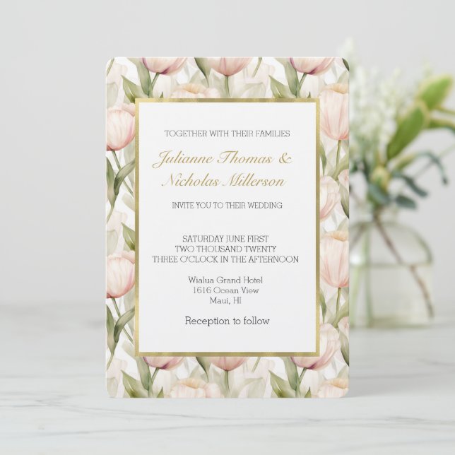 Convite Tulipas Rosa Bege Flores de Casamento (Em pé/Frente)