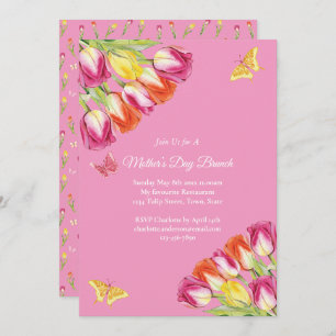 Convite Tulipas rosa e borboletas Dia das Mães Brunch Rosa