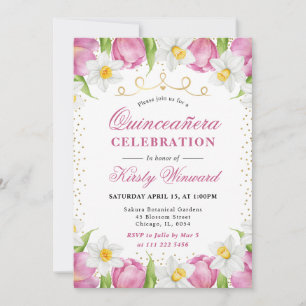 Convite Tulipas Rosa e Narcisos em Aquarela Quinceanera