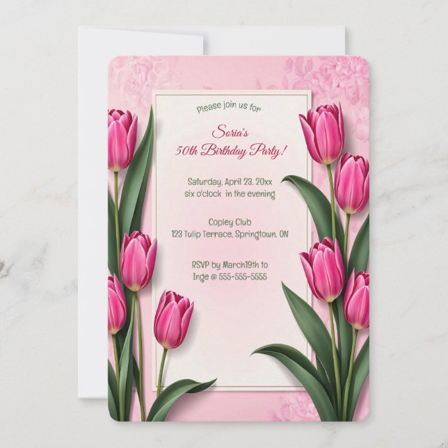 Convite Tulipas Rosa Editáveis (Frente)