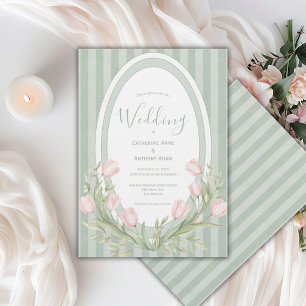 Convite Tulipas Rosa Verde Oliva Listrado Casamento Vintag