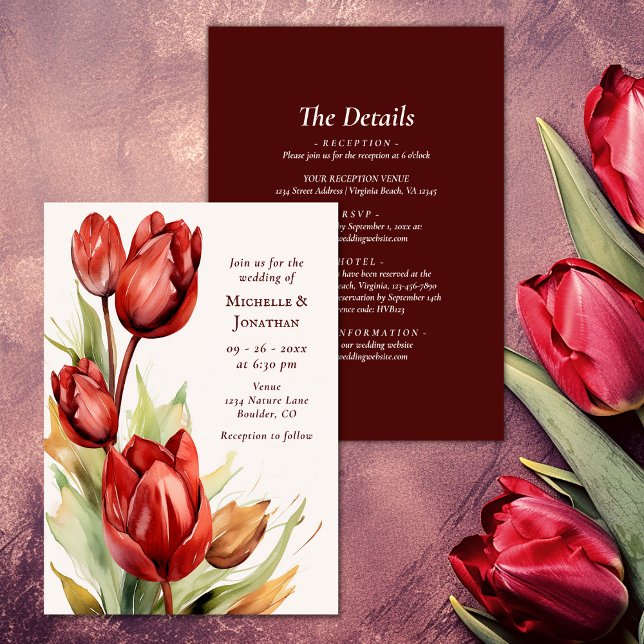 Convite Tulipas Vermelhas De Aquarela Primavera Em Um Casa (Watercolor Red Tulips Spring All In One Wedding Invitation)