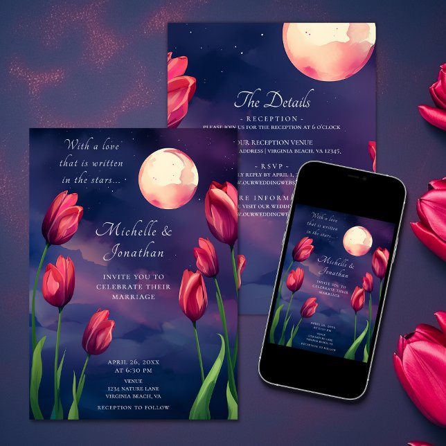 Convite Tulipas Vermelhas, Lua Cheia e Estrelas Todas em U (Red Tulips, Full Moon and Stars All in One Wedding Invitation)