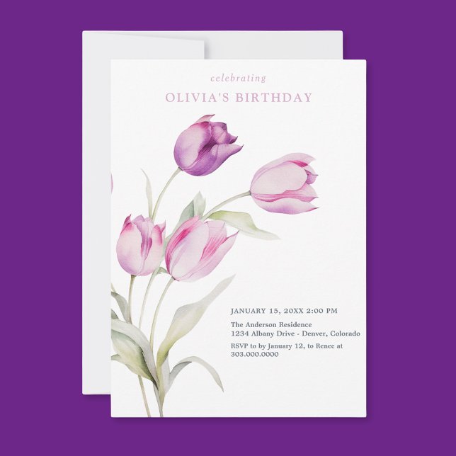 Convite Túlips de Aguarela Lilás Rosa Roxo (Criador carregado)