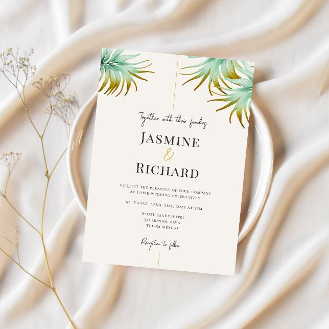 Convite Tulum Watercolor Tropical Gold Palm Destination (Criador carregado)