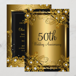 Convite Turbilhão Floral de Diamante Preto Dourado 50º Ani