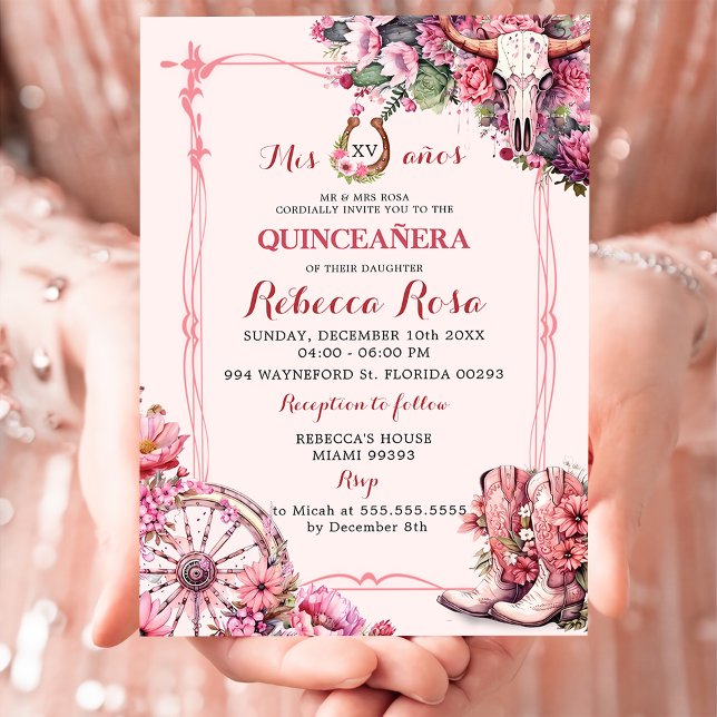 Convite Turco Rosa Boho Ocidental Charra Tema Quinceanera (Criador carregado)