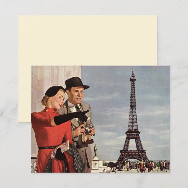 Convite Turistas Vintage na Torre Eiffel, Férias em Paris (Frente/Verso)