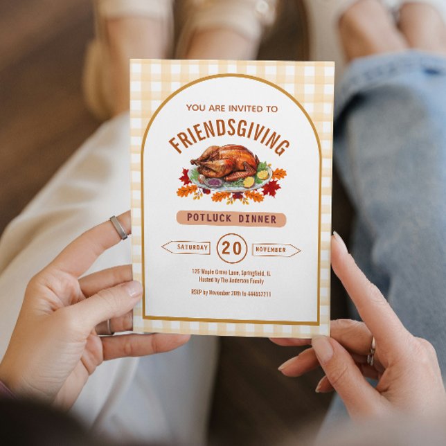 Convite Turkey Thanksgiving Potluck Dinner Arch Gingham  (Rustic Turkey Thanksgiving Dinner Gingham Fall Invitation)