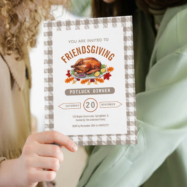 Convite Turkey Thanksgiving Potluck Dinner Fall Gingham  (Turkey Thanksgiving Potluck Dinner Fall Gingham Invitation)