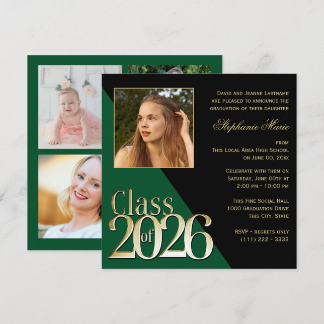 Convite Turma de 2026 Dourado Graduado Verde com Foto (Frente/Verso)
