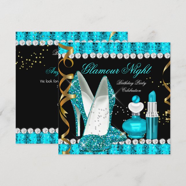 Convite Turquesa Água Notte Glamour Dourado Preto (Frente/Verso)